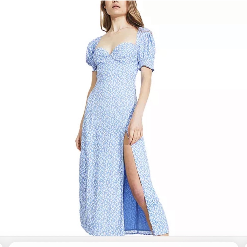 Bardot Light Blue Puff-Sleeve High-Slit Midi Dress Size 8